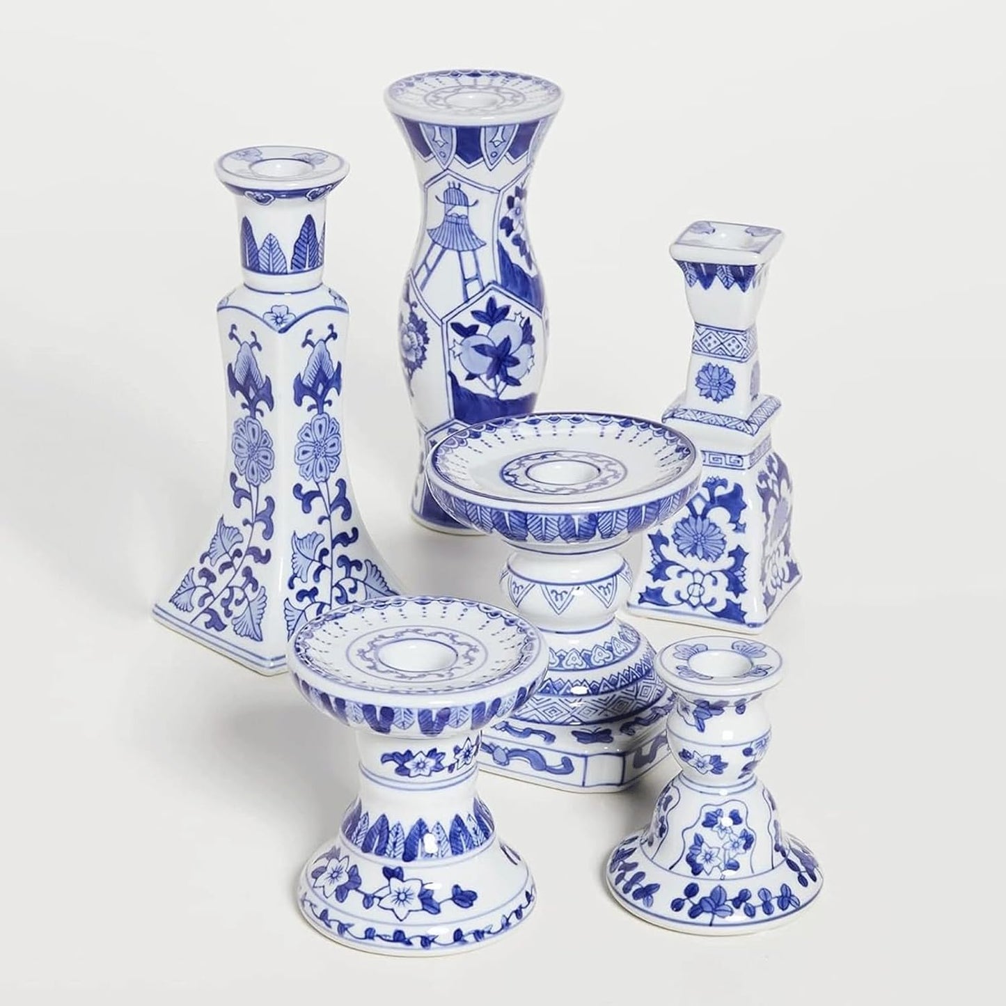 6 Pcs Candle Holder, Chinese Style Blue and White Porcelain Ceramic Candelabras Handmade Painting Candle Holders Candlesticks for Table Wedding, Party& Gift. ﻿
