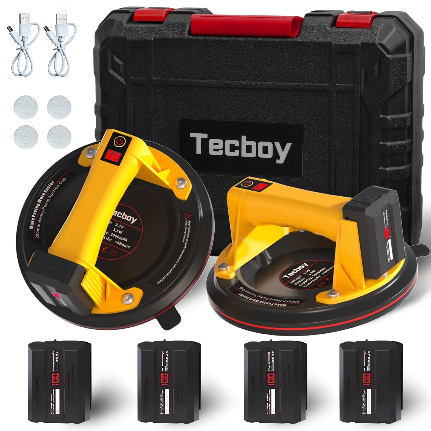 Electric Tile Suction Cups Lifter Tool Suction Cup for Glass 8" Heavy Duty 680 Lbs Battery Powered with 4X 2400mAh Batteries, Auto Start Pump, for Lifting Large Glass, Tile, Granite, Metal, Floor
