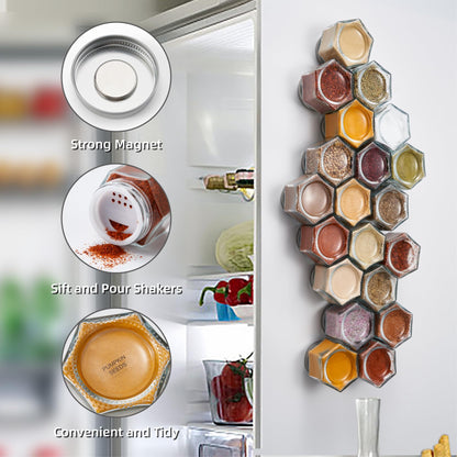 Homazing Set of 20 Large 4oz Magnetic Spice Jars for Refrigerator, Hexagon Glass Magnetic Spice Jars with Shaker Lids and Labels for Kitchen RV Travel Trailer, Magnetic Spice Containers for Fridge