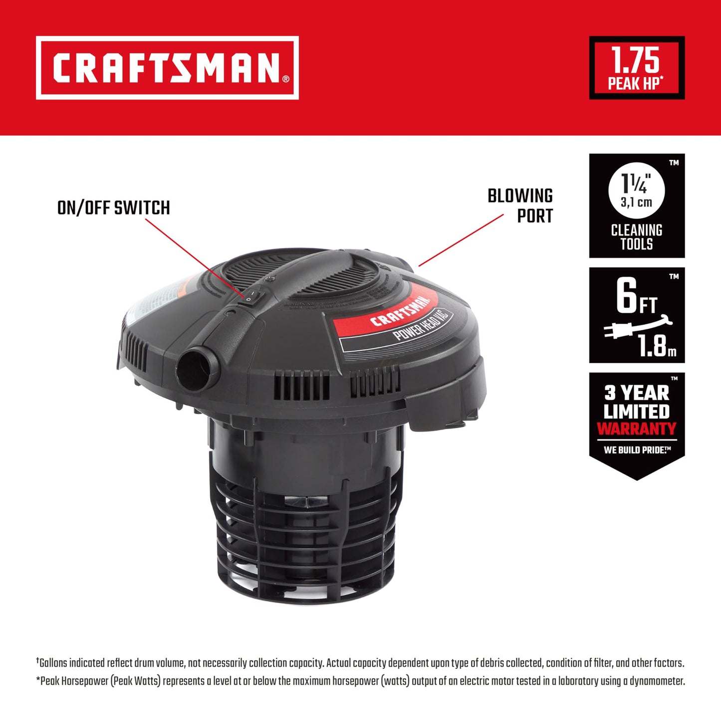 CRAFTSMAN CMXEVBE17595 16 Gallon 6.5 Peak HP Heavy Duty Wet Dry Shop Vacuum with Filter, Dust Bag, Hose, Attachments and CMXEVBE17678 1.75 Peak HP Wet Dry Vacuum Powerhead with Filter Bag and Hose