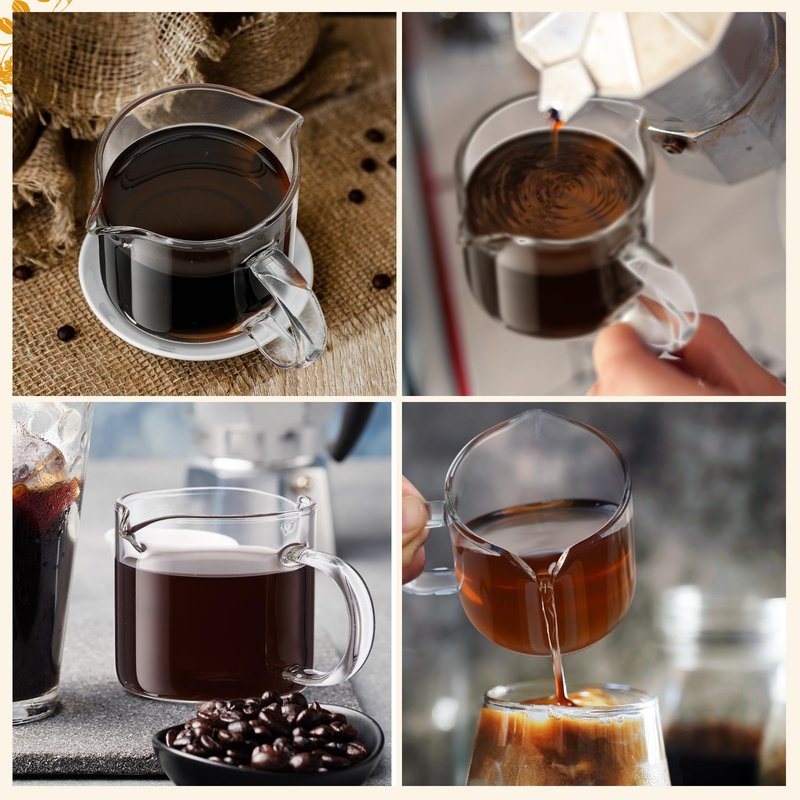 Patelai Espresso Cups Set of 2, 180ml/ 6oz Coffee Cups with Double Spouts & Handle, Clear Espresso Shot Glass for Espresso Machines, Milk Frothing, and Coffee Bars Accessories