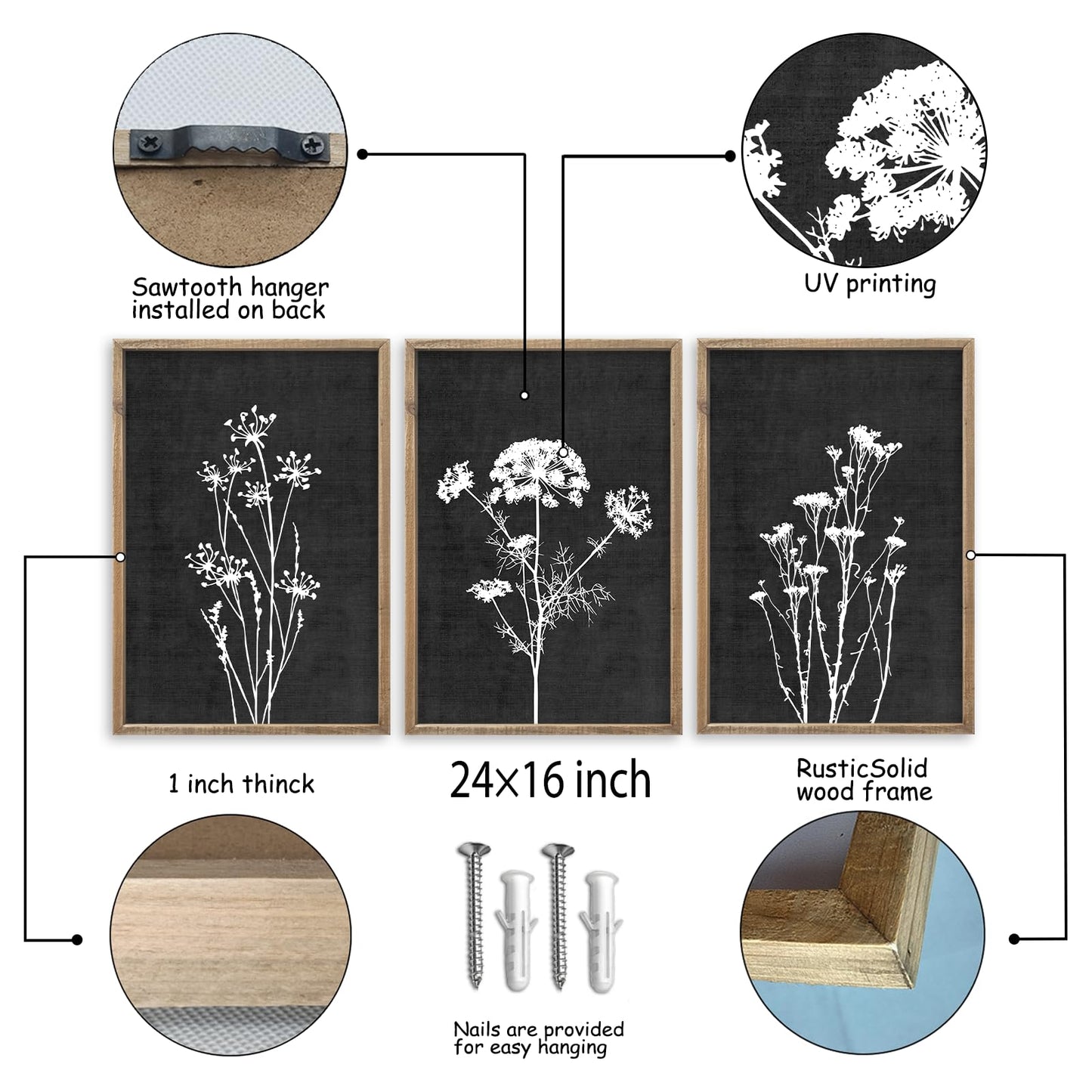 Flower Plant Wall Art Decor 24"x16" Set of 3 Black And White Botanical Painting Wood Framed For Minimalist Bedroom Office Rustic Living Room Abstract Wildflower Sign Hanging (Wood Black)