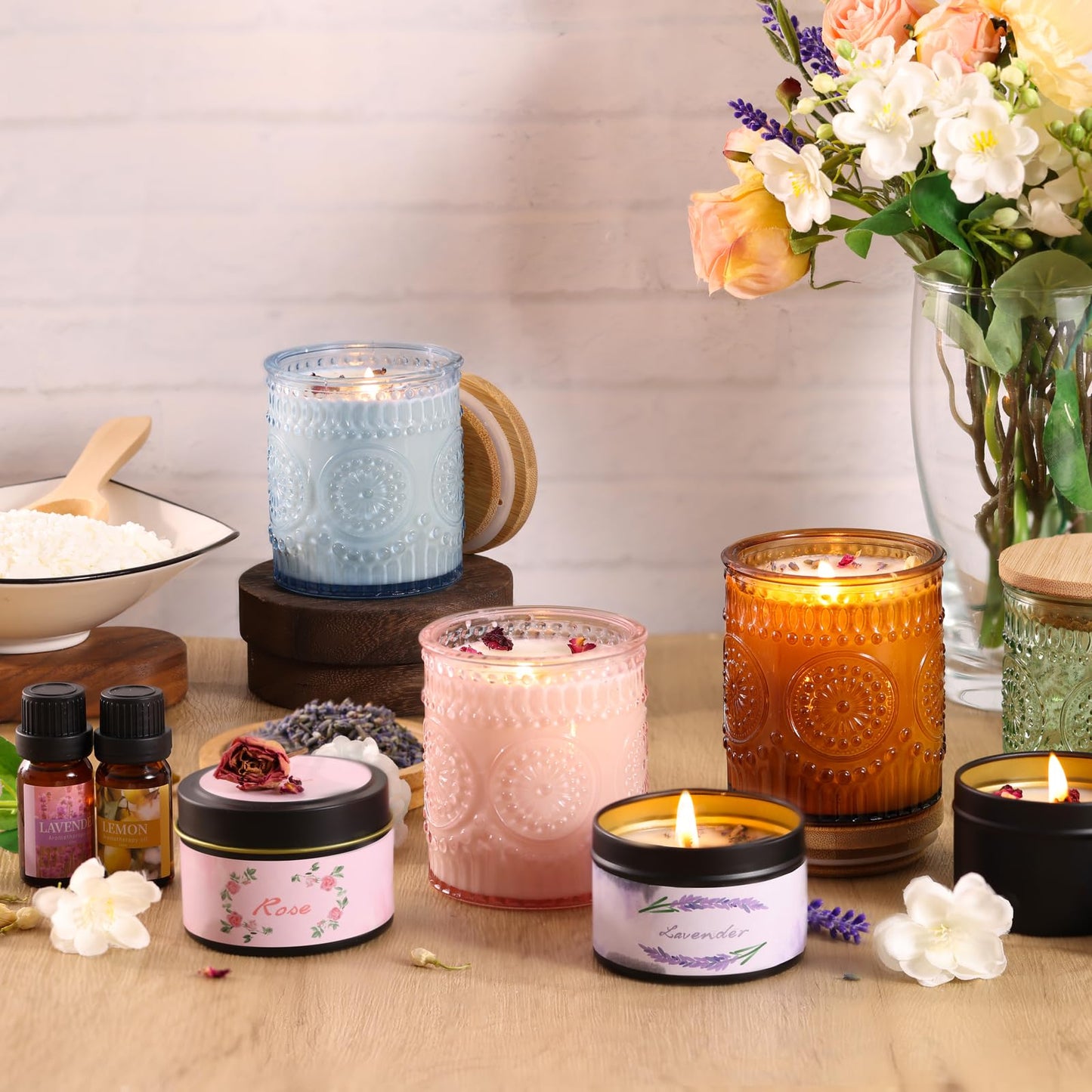 DARJEN Candle Making Kits - Soy Candles Making Supplies for Adults Including 4 Candle Jars(Amber, Pink, Blue, Green), Candle Tins, Wax, Scents, Dried Flower & More, DIY Arts & Crafts Kits Home Decor