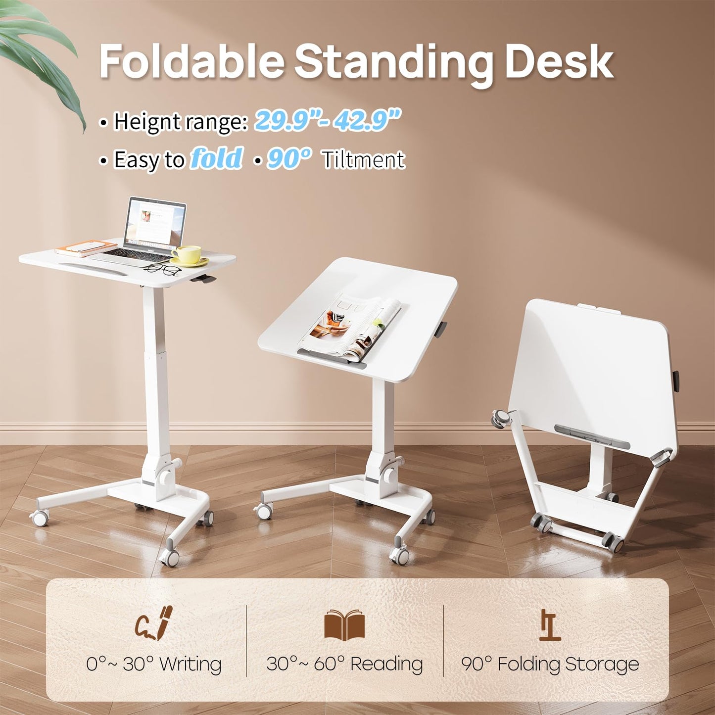JYLH JOYSEEKER Foldable Mobile Standing Desk, 90 Tiltable Rolling Standing Desk, Height Adjustable Portable Laptop Workstation for Home Office, Easy to Fold, White