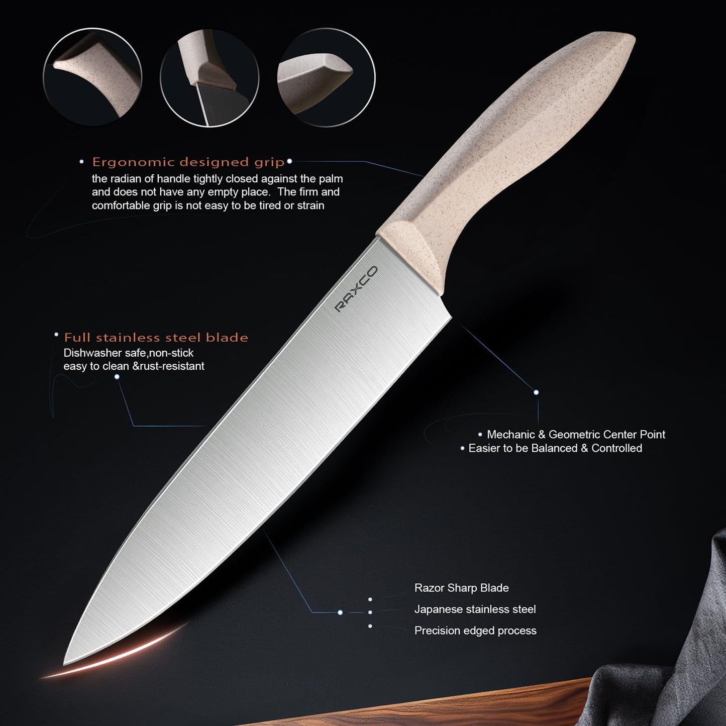 RAXCO Kitchen Utensils Set,18-Piece Cooking Tools and Sharp Knives,Stainless Steel Holder and Cutting Board