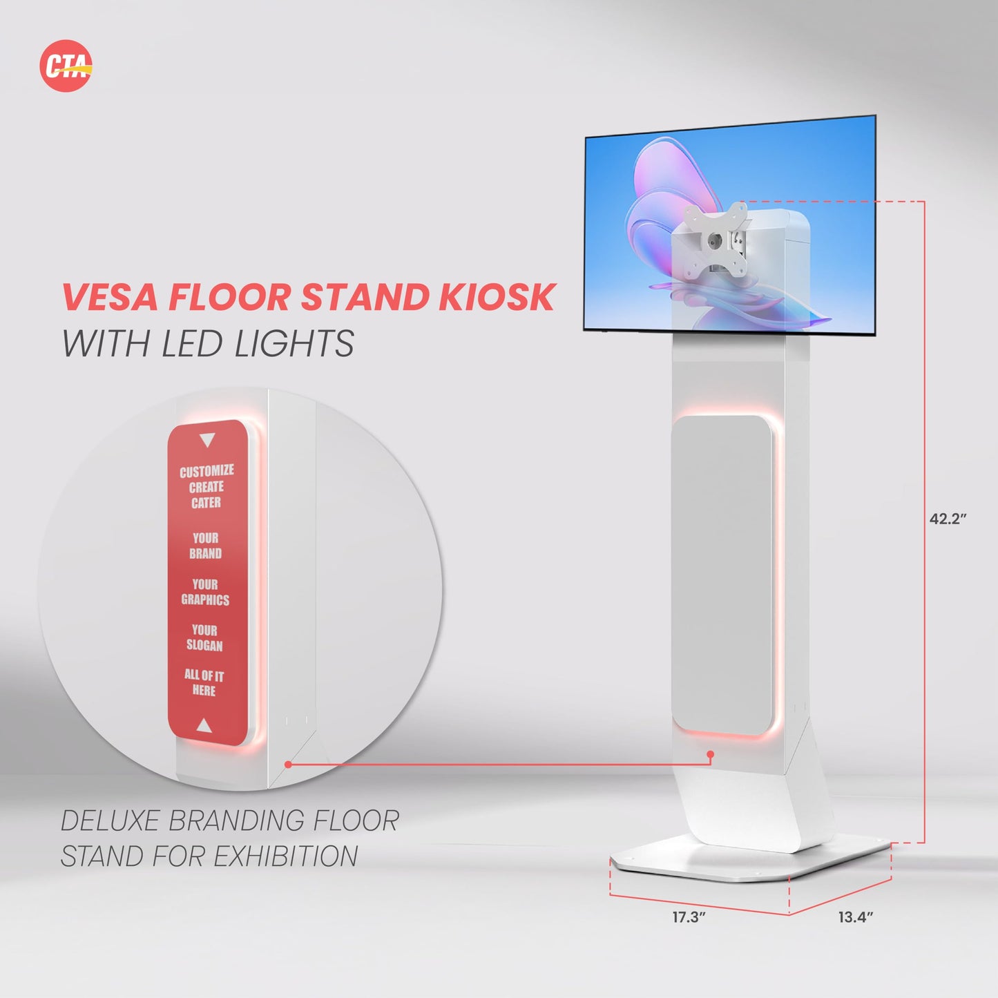 Brandable Kiosk Floor Stand for Displays – with Custom Branding Panel & LED Lights VESA 75x75 100x100 Monitor TV Tablet Displays – Lockable Secure (ADD-VFSKLED)