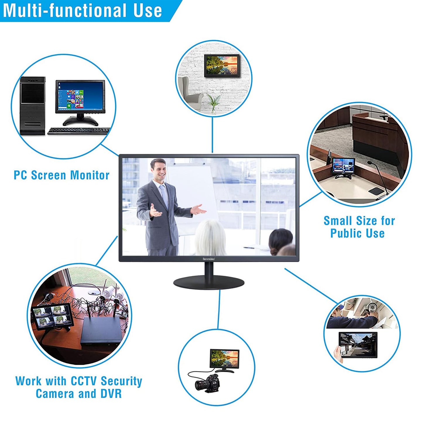 Benmiuko 22 inch Monitoring Display Screen Security Camera Monitor LCD Multi Functional Interface HDMI, BNC, VGA, AV, USB Input CCTV Computer Monitors Built in Speaker 1920x1080 Full HD