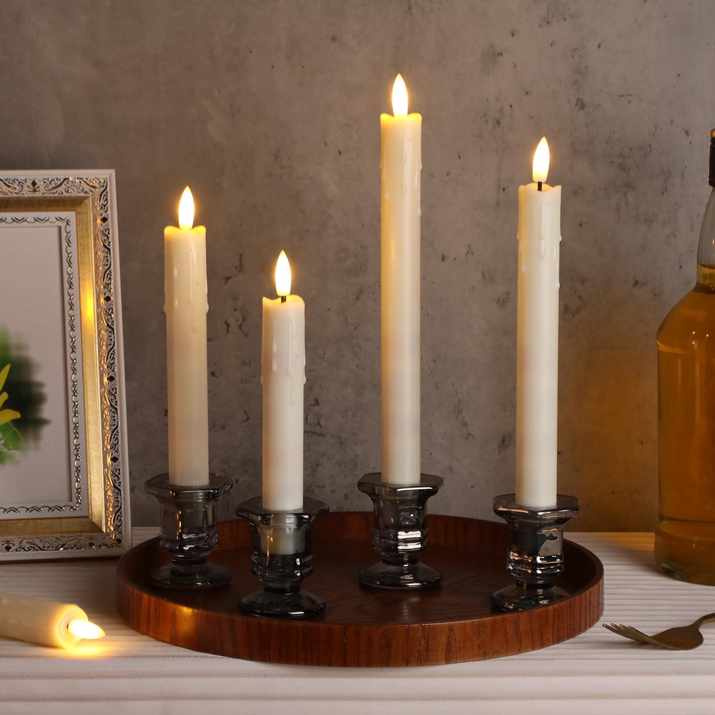 Macarrie 24 Pcs Ivory Flameless Taper Candles LED Battery Operated 6.5'', 7.7'', 8.8'', 10'' 3D Flickering Flame Candlesticks Drip Wax Shaped Candle for Valentine Anniversary Wedding Party Decoration