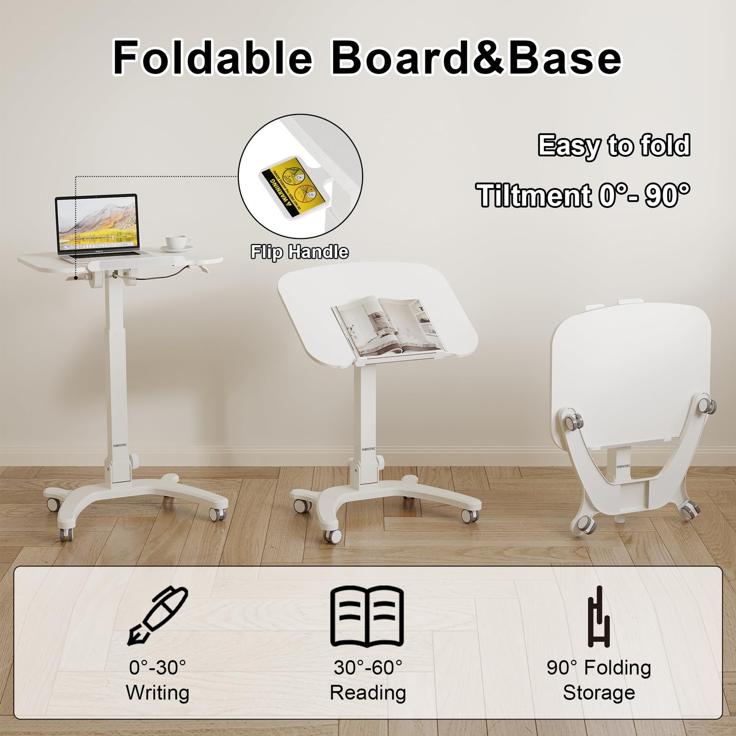 BONTEC Mobile Foldable Standing Desk, Portable Adjustable Height Desk with Gas Spring, Small Rolling Laptop Desk with Wheels for Home, Office, Bedroom, and Medical Use, 25.6" x 19.7" Desktop, White