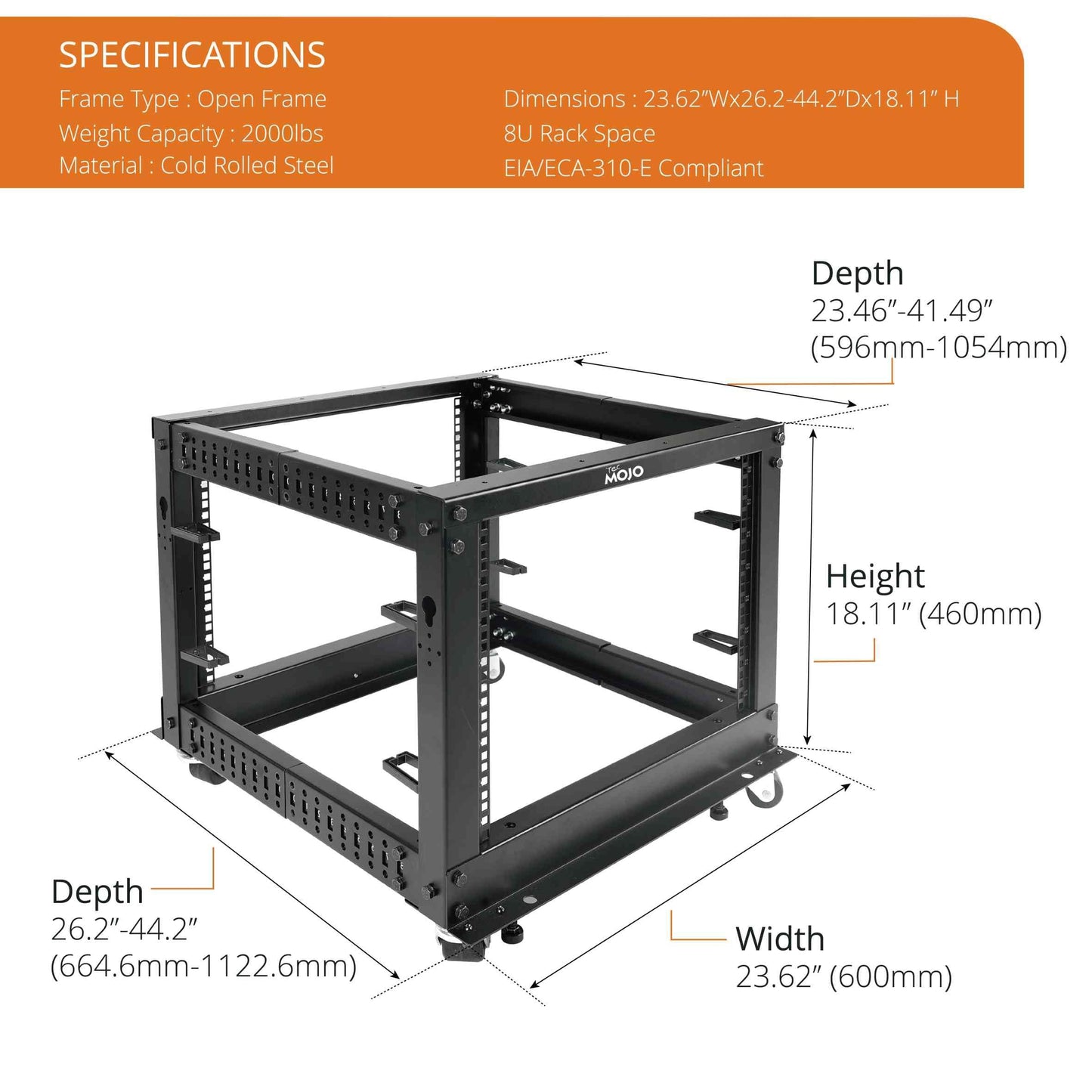Tecmojo 8U Open Frame Server Rack,4-Post Adjustable Depth Rolling Network Rack for Computer/Data/AV/IT/Servers,Mobile Type