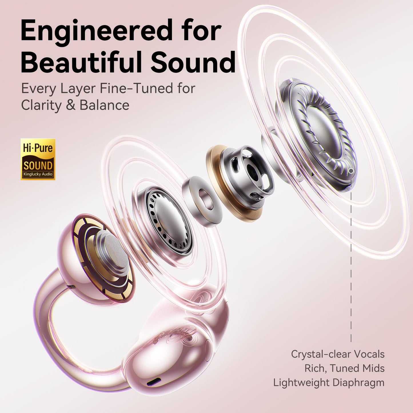 Kinglucky ClipFree Open-Ear Headphones with Diamond Earrings, Ultra-Comfort & Snug Fit Clip On Earbuds, 40H Playtime Bluetooth 5.4 Wireless Headphones for Women Sports,Glasses Gifts (Rose Gold)