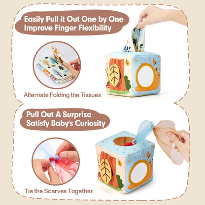 hahaland Baby Tissue Box Toy - Baby Toys 6-12 Months Montessori Toys for 6 Month Old Must Haves - Boy Girl Shower Gifts for Babies 6 9 12 18 Months Old Developmental Sensory Pulling Play Scarf Toy