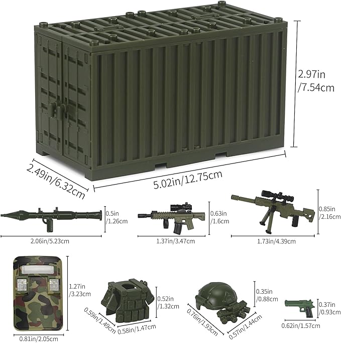 Military Weapons Pack with Shipping Cargo Container Army Equipment Helmet Armor 325Pcs Various of Military Accessories Building Block Toy Compatible with Major Brands Soldier Figures (Jungle Green)