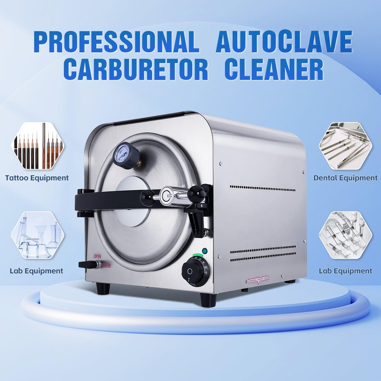 DACAT-RICHFU TR250E 14L Autoclave High Pressure Steam Machine for Dental Lab Salon 251.6°F Professional Stainless Steel Equipment with 3 Trays and Pressure Gauge 900W