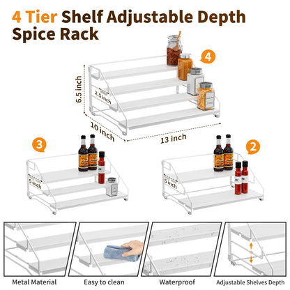 4 Tier Spice Rack for Cabinet, Spice Rack Organizer, Depth Adjustable Spice Holder for Countertop, Cupboard, Pantry, Seasoning Shelf, Metal, Black (1 Pack)