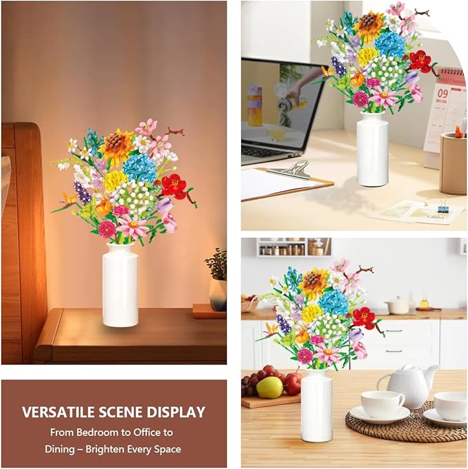 Flower Building Block Bouquet Kit for Women DIY Brick Flowers Craft Set with Adjustable Stems and Petals Creative Botanical Construction Toy for Desk Decoration Gift for Teens and Adults