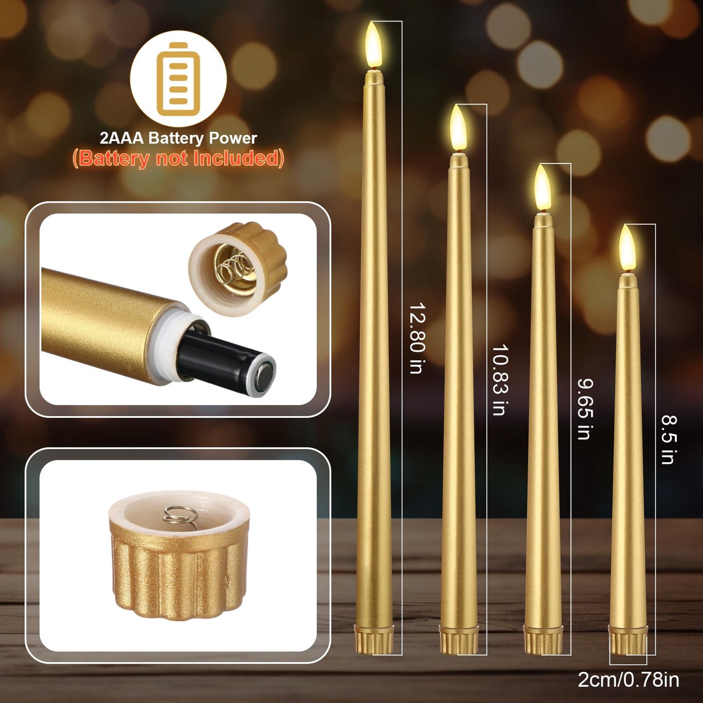 Rossesay 64 Pcs Wedding Flameless LED Taper Candles Battery Operated Candles 4 Sizes of 8.5'', 9.65'', 10.83'', 12.8'' Candlesticks Flickering for Halloween Christmas Church Wedding(Gold)