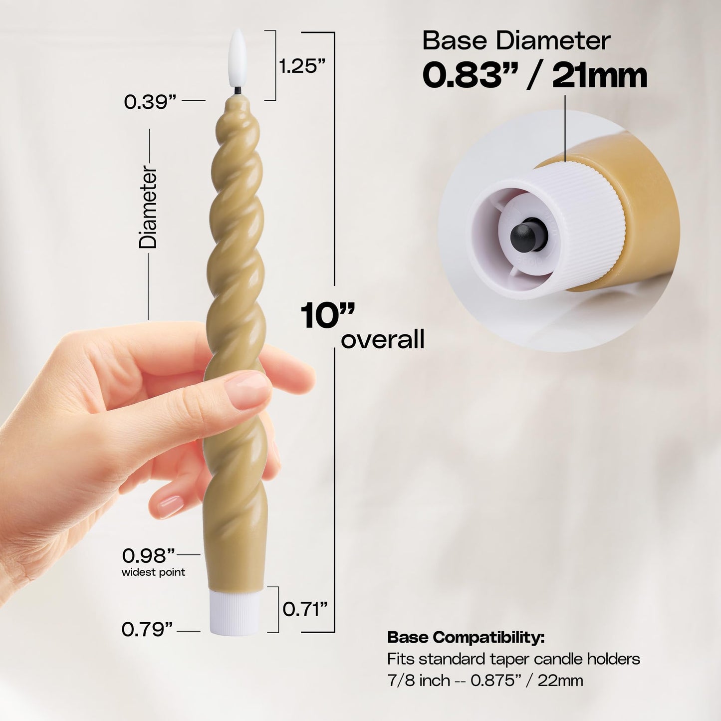 WYZworks 10" Flameless LED Taper Candles – Full Twisted Spiral – Light Tan, Set of 6 – Remote, 2/4/6/8-Hr Timer (24-hr Memory), Bottom On/Off Button, Dimmable, Battery Operated, Flicker/Steady