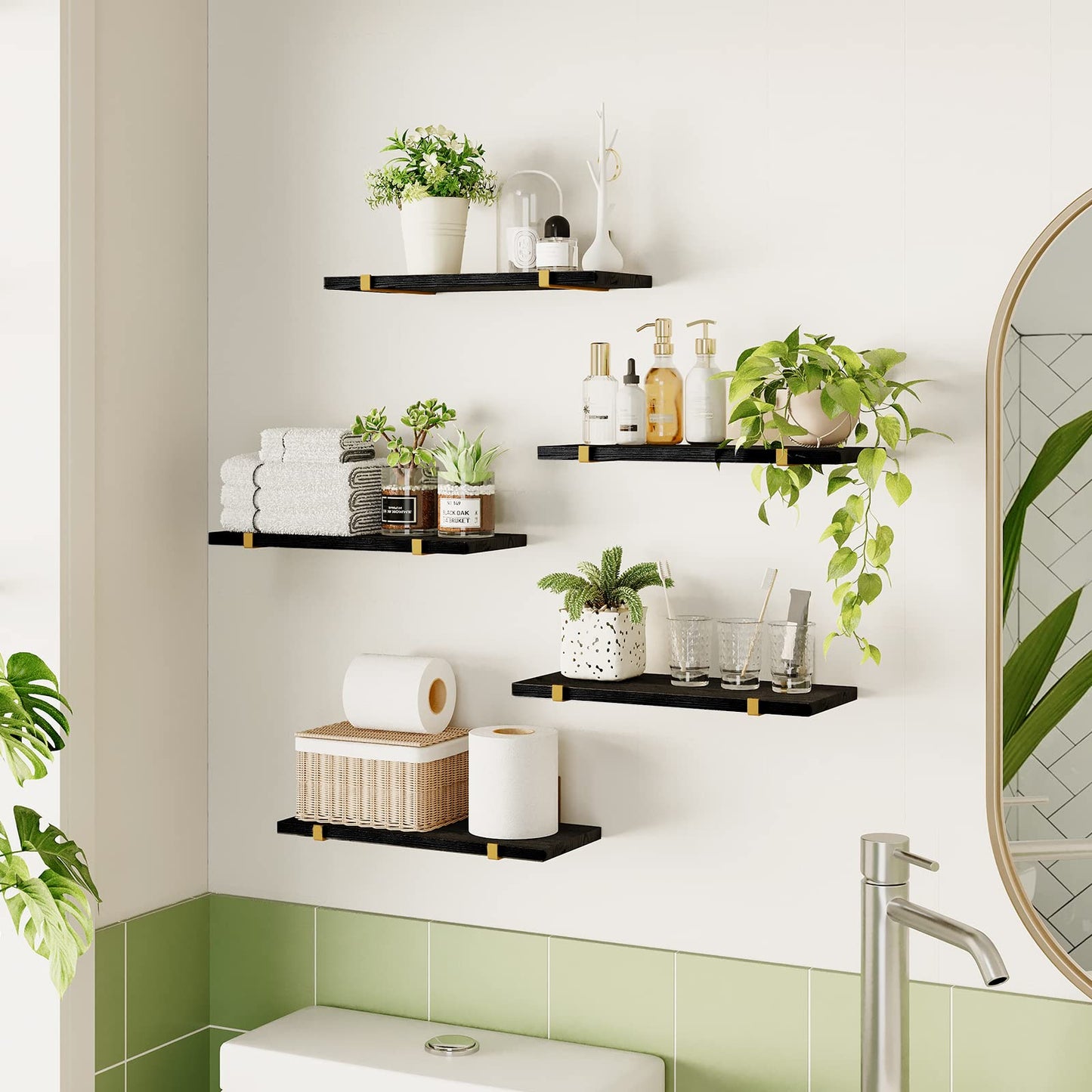 Fixwal Floating Black Gold Shelves Set of 5, Width 4.7 Inches, Rustic Wood Wall Storage Shelves for Bedroom, Living Room, Kitchen, Bathroom, Home Decor, Laundry Room, Office and Plants