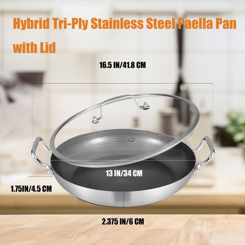 Inqibee 13-Inch Hybrid Tri-Ply Stainless Steel Paella Pan with Lid, Ceramic Non Stick Large Skillet, Induction Cooking Pan, Anti-Scratch, Dishwasher and Oven Safe