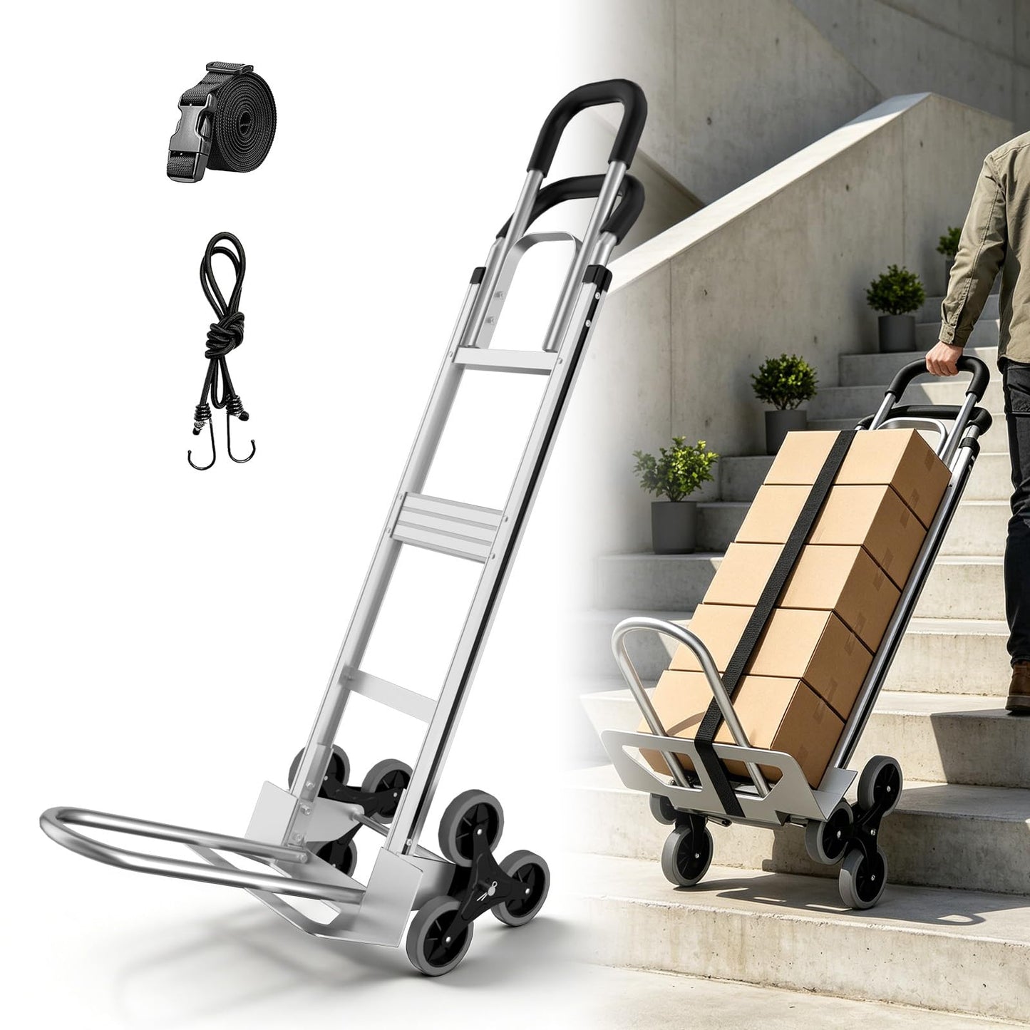 Aluminum 2 in 1 Hand Truck Dolly Cart with 6 Wheels, 600 Lbs Capacity, Heavy Duty Stair Climbing Dolly with Dual Handles, Bungee Cord & Strap for Flat Ground & Stairs, Warehouse, Home, Office, Silver