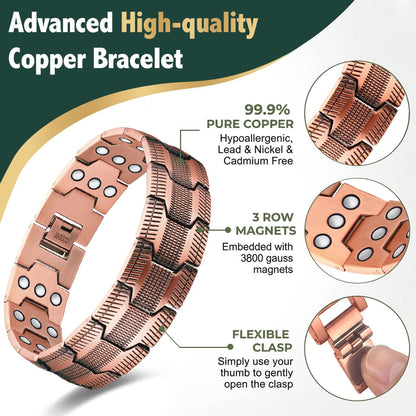 Vicmag Copper Magnetic Bracelet for Men, 3X Strength Magnets, Pure Copper Bracelet & 9X Magnet Ring Set, Adjustable Fit with Sizing Tool(Textured Copper)