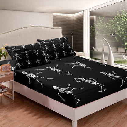 Erosebridal Sugar Skull Sheet Set Twin Size Skeleton Bones Bedding Set for Kids Boys Girls Teens Adult Halloween Horror Theme Fitted Sheet Gothic Spooky Bed Sheets 3 Pieces with 1 Pillow Case