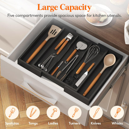 Lifewit Utensil Organizer for Kitchen Drawer, Expandable 13 to 22.4 Inches Wide, Adjustable Cooking Silverware Tray, Bamboo Cutlery Flatware Holder, Spatula Tools and Gadgets Storage Divider, Natural