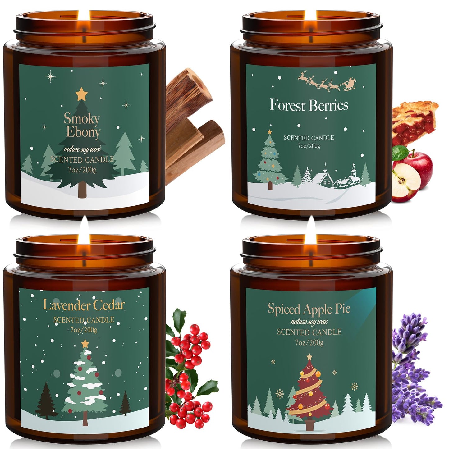 Christmas Candles Gift Set for Women, Scented Soy Candles for Home, 4 Pack 7 oz Fall Fragrance of Smoky Ebony/Spiced Apple Pie/Lavender Cedar/Forest Berries