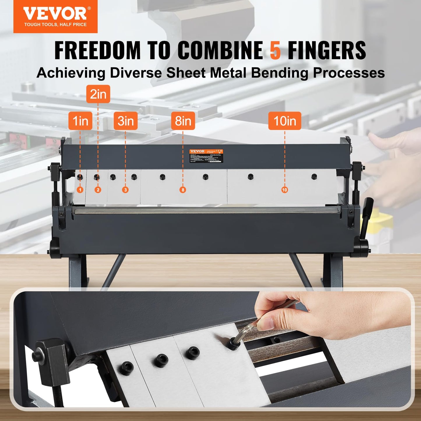 VEVOR Box and Pan Brake, 24in, Portable Metal Bender with 0-135° Bending Angle, Capable of Handling 20 Gauge Low Carbon Steel & 14 Gauge Aluminum, with 5 Adjustable Fingers for Sheet Metal Bending