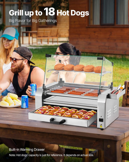 VEVOR Hot Dog Roller, 18 Hot Dog 7 Rollers, Stainless Steel Sausage Grill Cooker, 1200W Hot Dog Machine with Bun Warmer, Cover, 3 Temp Control, Side Storage Box, Oil Drip Tray, for Home & Commercial