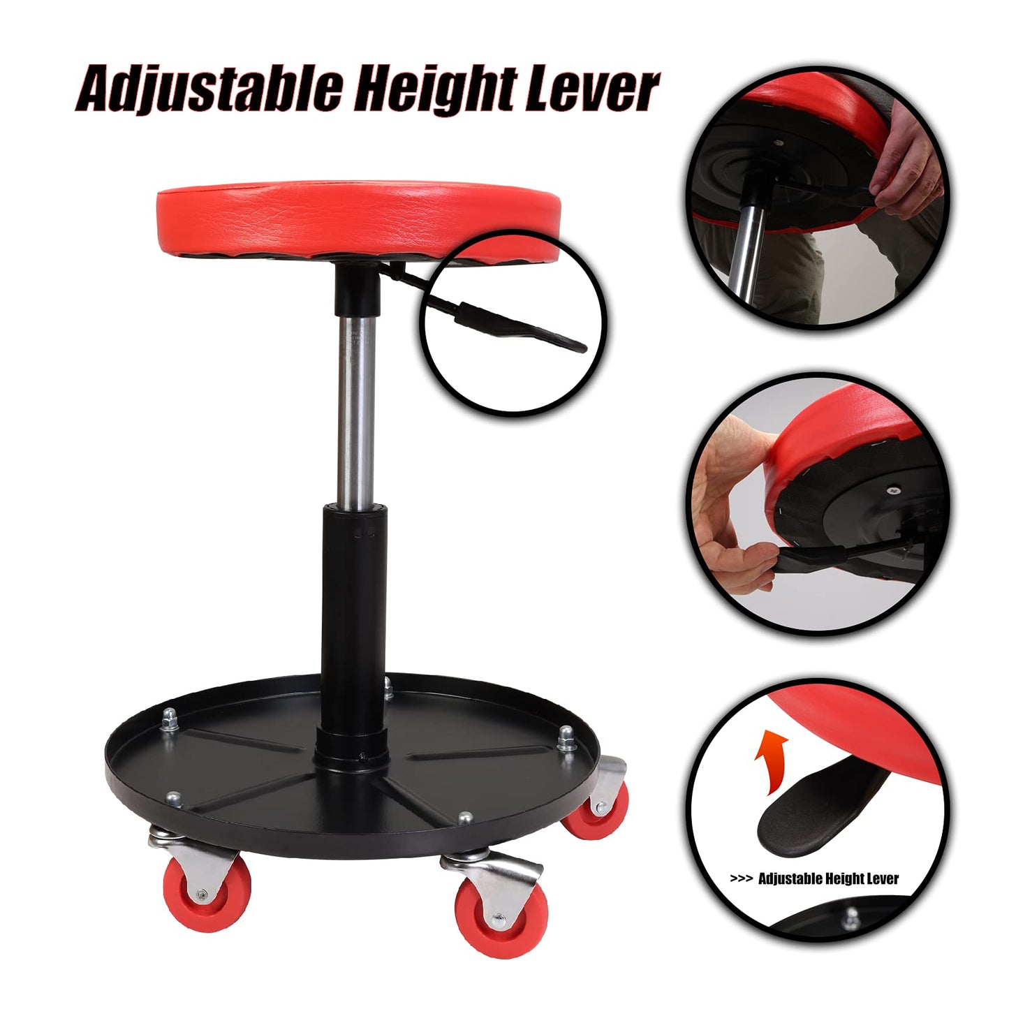 Torin ATRHL6201B Heavy Duty Rolling Pneumatic Creeper Garage/Shop Seat: Padded Adjustable Mechanic Stool with Tool Tray Storage, Red 250 LBS