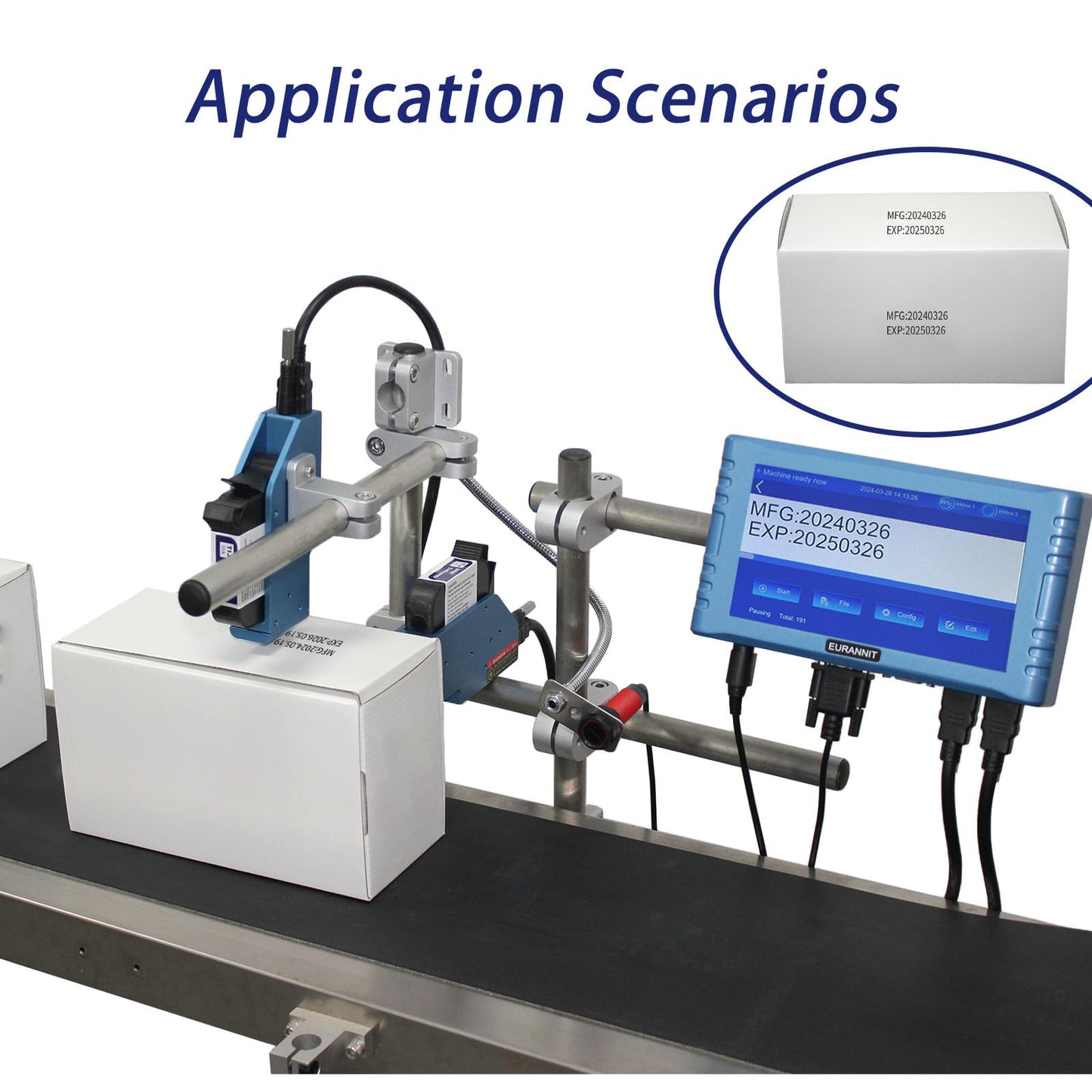Eurannit Automatic Inkjet Coding Machine for Production Line, Thermal Inkjet Printer 260E with 7”Touchable Screen for Date/Batch/QRCode/Barcode/Logo etc (2 Nozzle Separate/ 0.5 in)