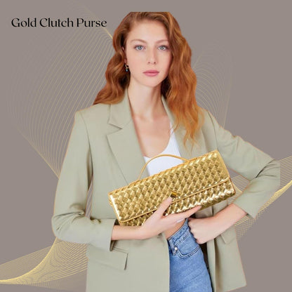DST Gainbow Woven Clutch Purses for Women, PU Leather Evening Bag,Crossbody Shoulder Handbag with Detachable Strap（Gold）