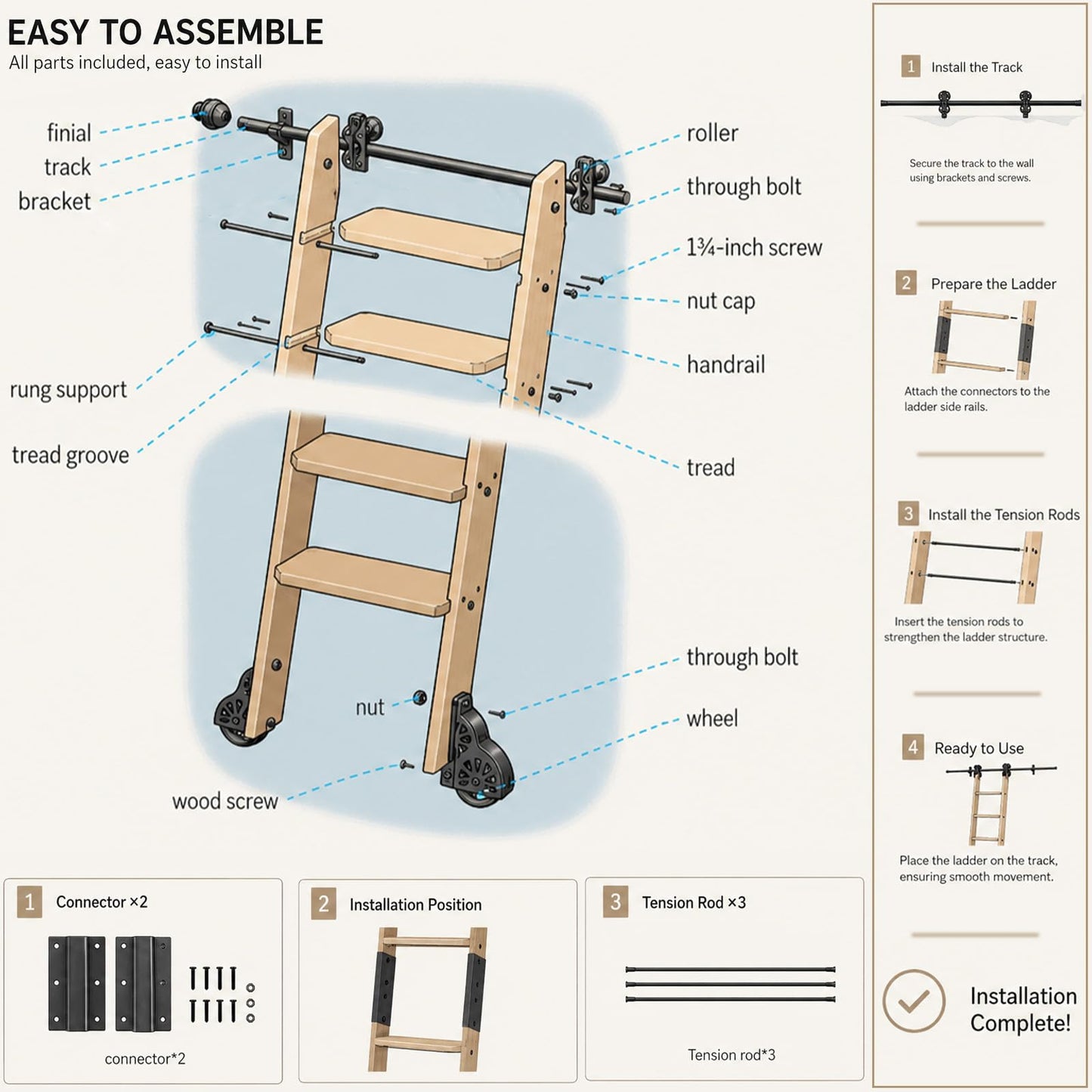 Leinuosen 95 Inch Rolling Library Ladder with 4ft Track Kit, Solid Oak Wood Ladder with Braking Wheels, Sliding Kit for Home, Bookshelf, Loft((Suitable for Installation Height 89-3/4")