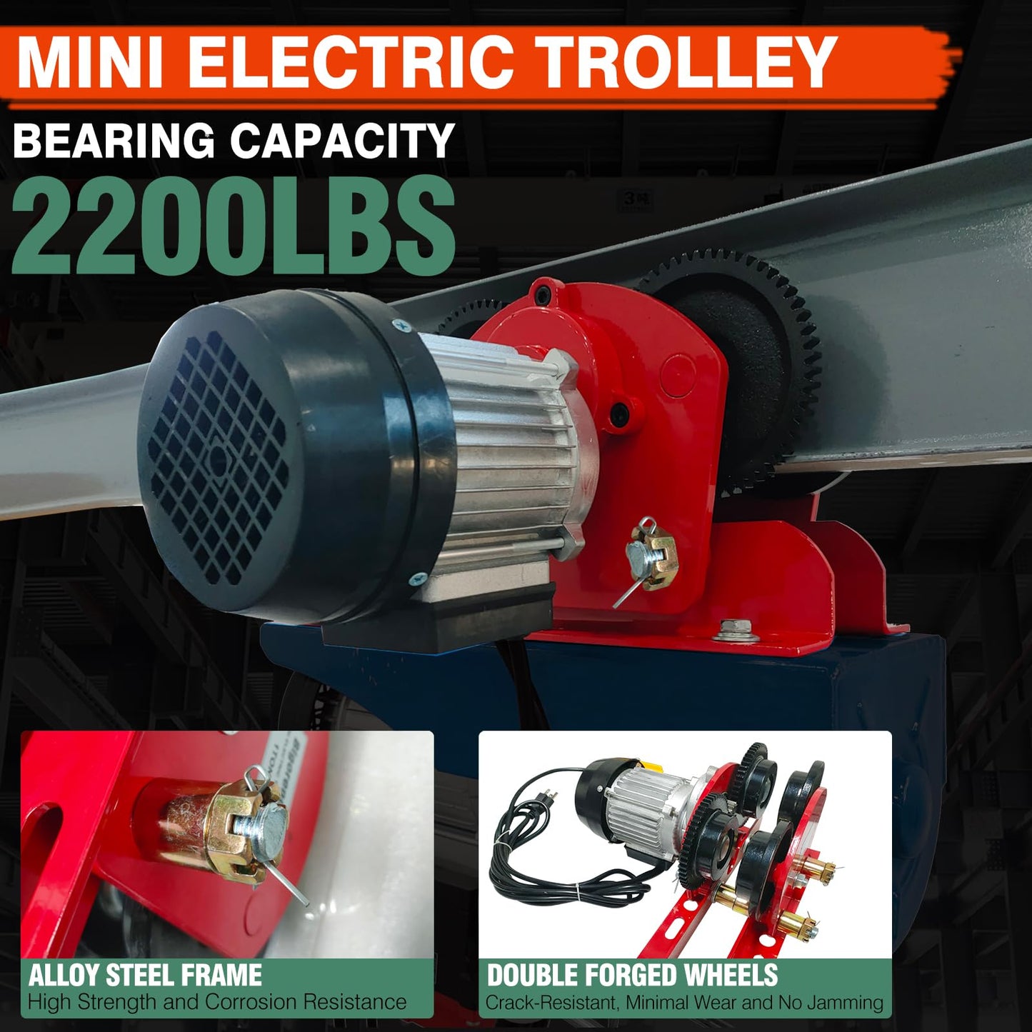 Dremvoist Electric Trolley for Power Hoist,1 Ton 2204 LBS Capacity,Fit 2.68"-4.33" in I-Beam,for PA200-PA1000 Hoists Push Geared Overhead Crane Heavy Duty Wheels System,for Warehouses,Gantry Cranes