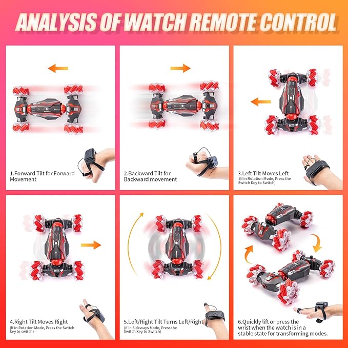 4WD Stunt Car 2.4 GHz Gesture Sensor RC Cars Double-Sided Vehicle 360° Flip RC Twist Buggy with Music Spray - Best Christmas and Birthday Present for Boys and Girls Aged 6-12 (Red)