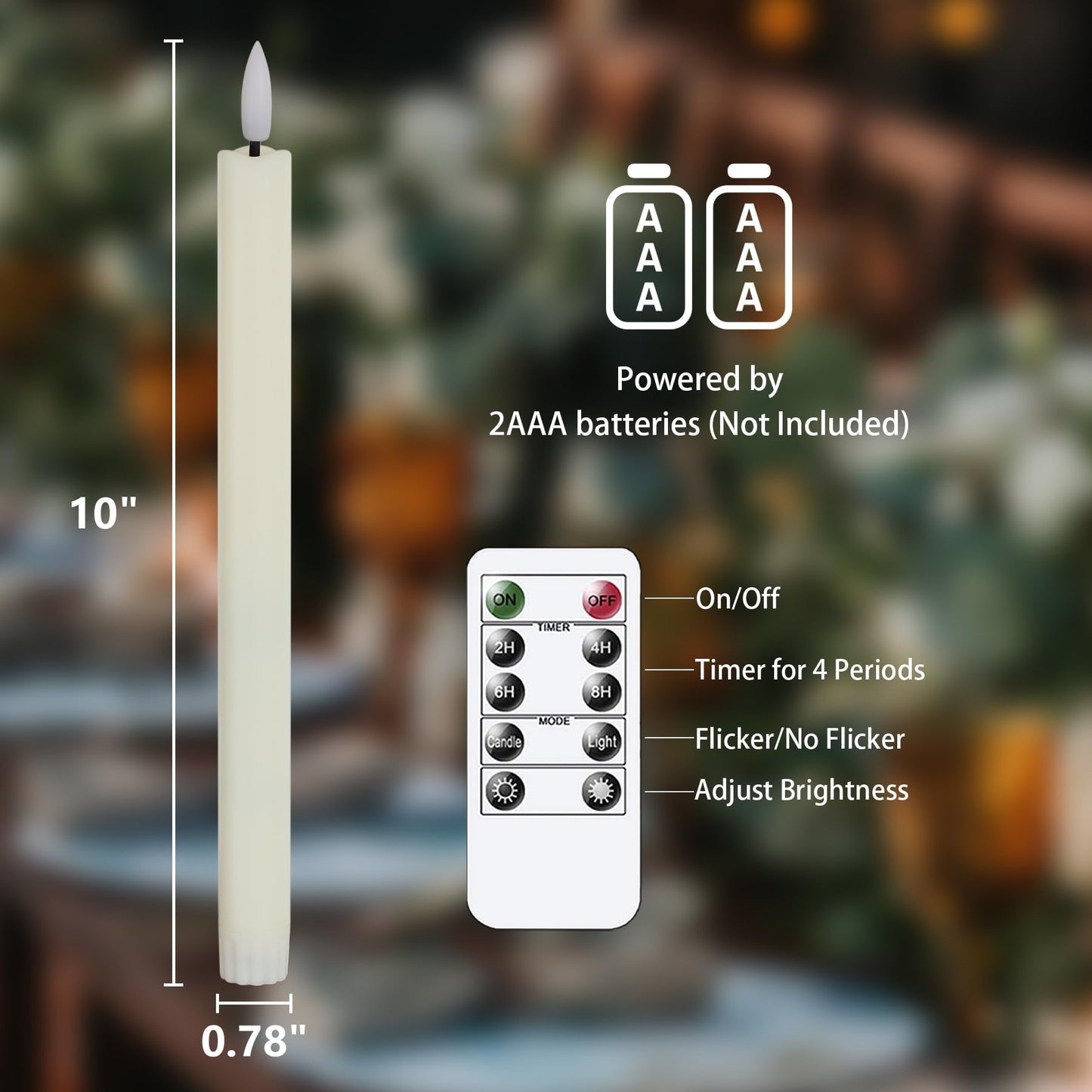 Ofurkedle Flameless Flickering 0.78" x10" Taper Ivory Plastic Candles with Remote, LED Battery Operated Timer Window Tall Long Lasting Realistic Pack of 8, Warm Light