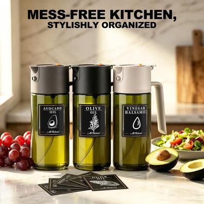 2-IN-1 500ml/17oz Light-Blocking Dark Oil Sprayer for Cooking with Sticker, Dark Green Glass Olive Oil Dispenser Bottle for Kitchen, Even Spray with Portion Control, Perfect for Air Fryer, BBQ - Black