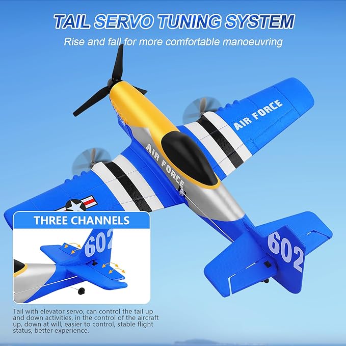 RC Plane 3-Channel 2.4GHZ RC Airplane P51D Mustang Fighter with 2 Batteries KF602 Remote Control Plane Gyroscopes Stabilization System Easy to Fly Suitable for Beginners Kids Adults