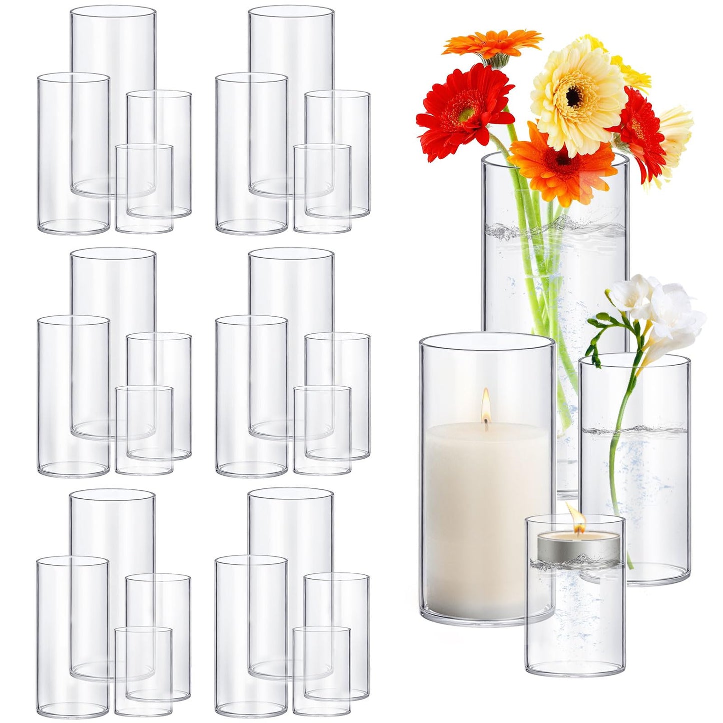 24 Pack Thick Glass Cylinder Vases 4,6,9,12 Inch Tall Clear Flower Vase Hurricane Floating Candle Holder for Table Centerpiece Wedding Home Decor