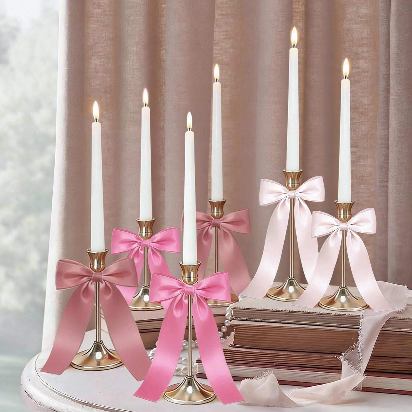 JarThenaAMCS 6Pcs Candle Stick Holders with Candles Satin Ribbon Bows Gold Metal Taper Candle Holders for Bride Shower Wedding Party Fireplace Table Centerpiece Decor