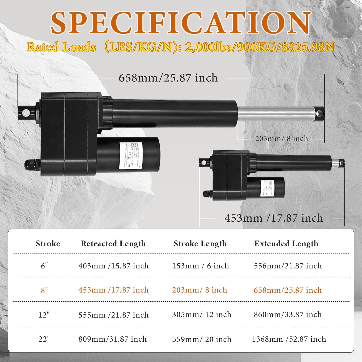 8" Heavy Duty Linear Actuator | 8 Inch Stroke | 12V | 2000 lbs Force | IP65 Protection | Replace for PA-17 | High Force Linear Actuator for Industrial Agriculture Agriculture Automotive