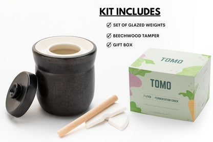 TOMO Fermentation Crock with Weights - Ceramic Sauerkraut Pickling Crock - Stoneware Kombucha Brewing (3L)