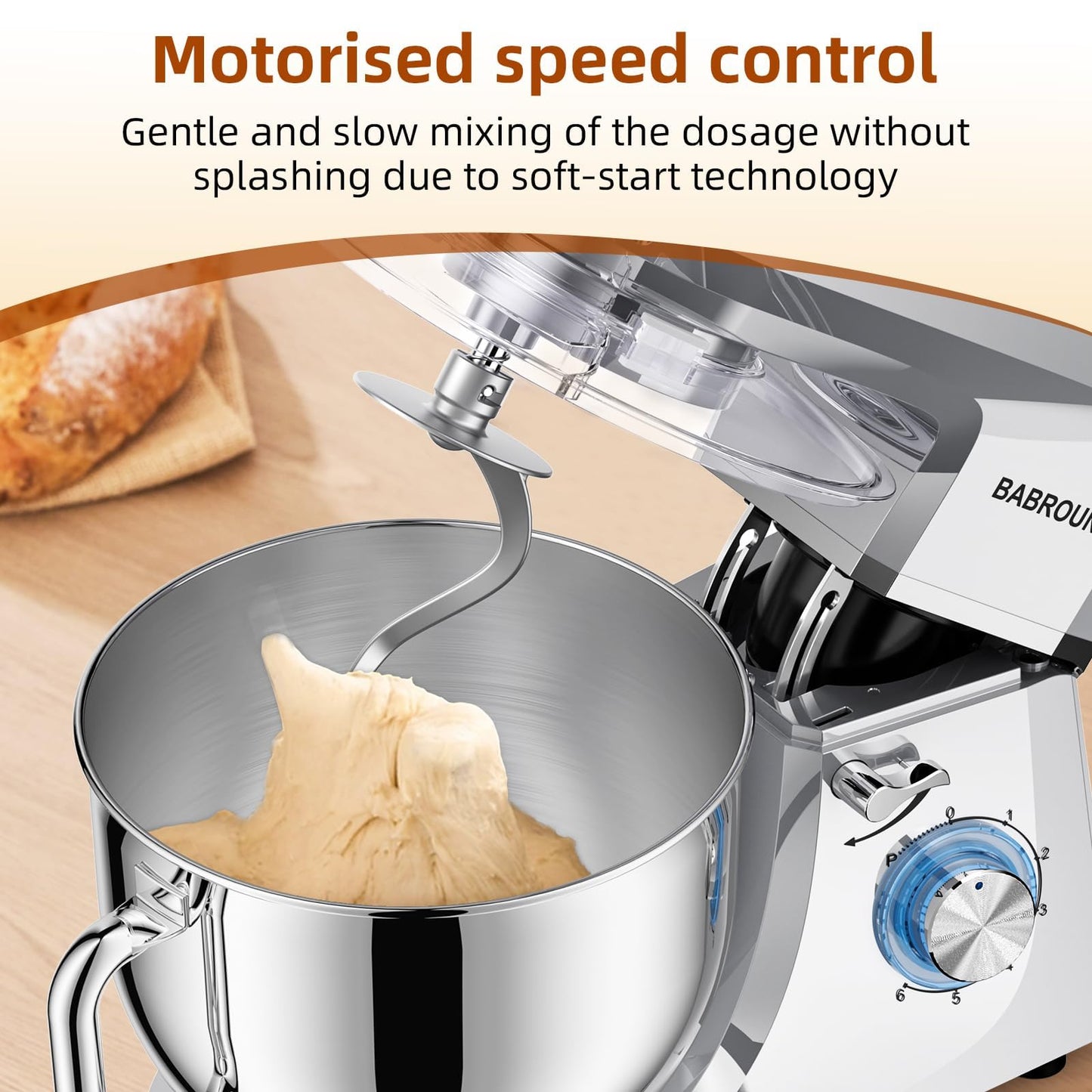 Babroun Dough Mixer 8.45 QT Electric Mixer - 660W 6 Speed Large Capacity Kitchen Stand Mixer with Whisk Dough Hook Mixing Beater Household Food Mixer for Baking Cakes Cookie Bread Salad(Silver)