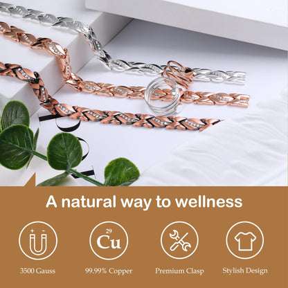 Feraco Copper Bracelet for Women 99.99% Solid Copper Magnetic Bracelets, Unique X Shape Links, Magnetic Field Therapy Jewelry Gifts (Silver X with Ring)
