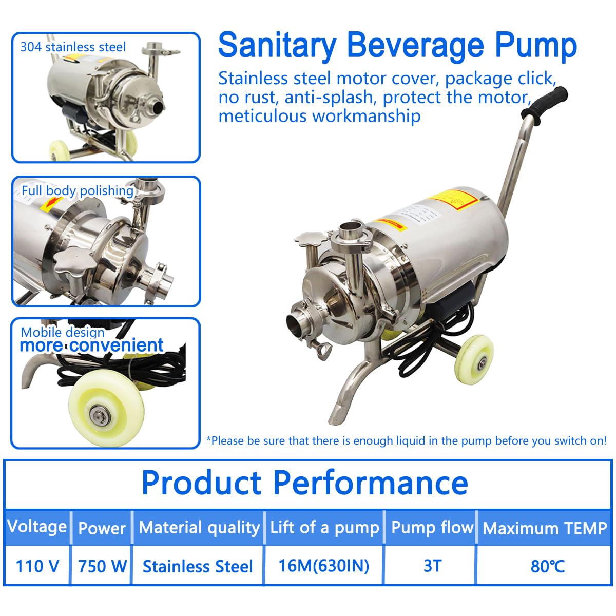 INTBUYING Food Grade Centrifugal Pump 304 Stainless Steel 3T Sanitary Beverage Pump Transfer for Liquid Mobile 110V/0.75KW