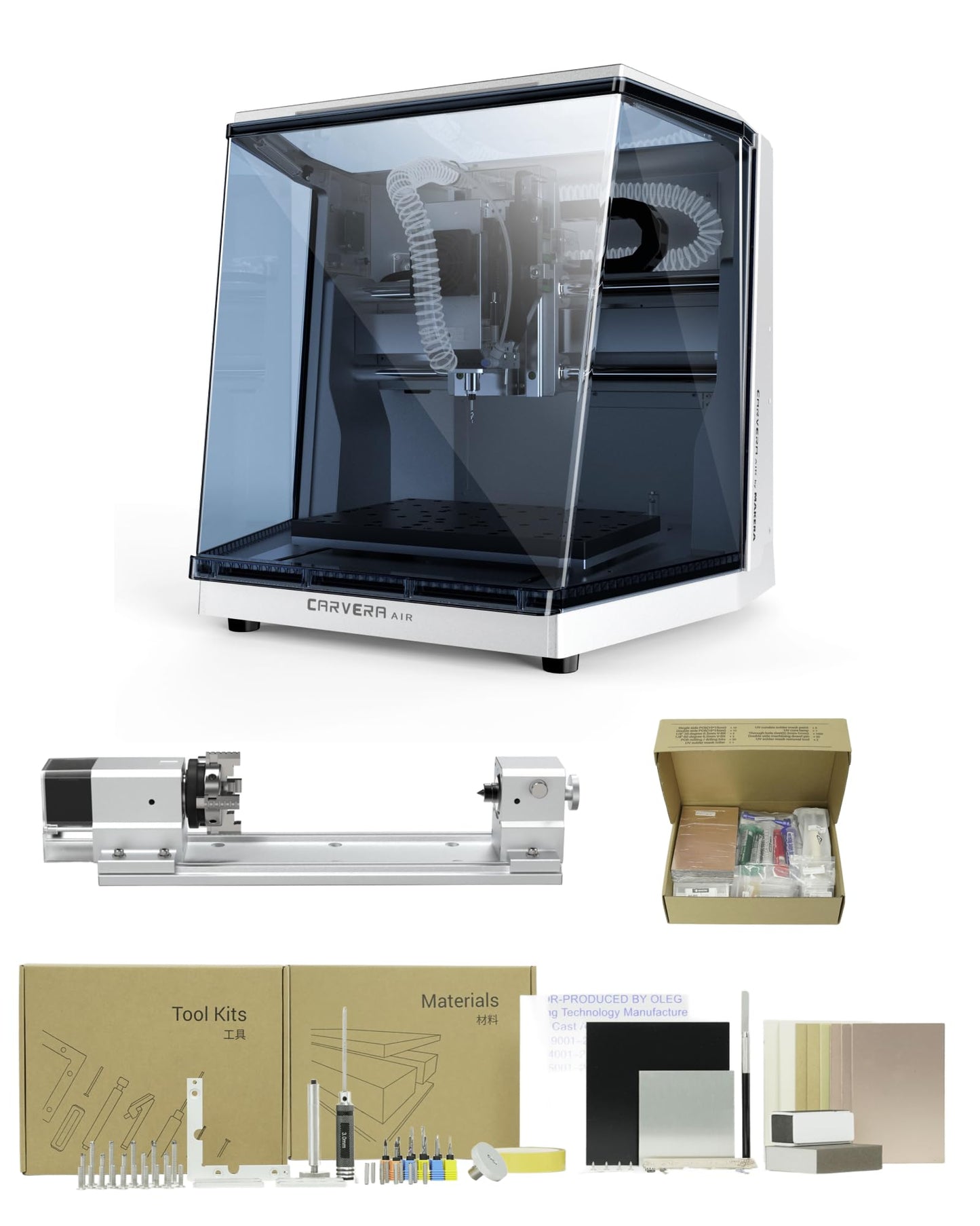 Carvera Air Desktop Machine with 4th Axis and PCB Fabrication Pack, Compact Enclosed Mini CNC Router Mill, Quick Tool Changer Closed-Loop Control, User-Friendly CAM Milling,Cutting, DIY, Crafts