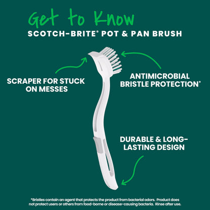 Scotch-Brite Pot + Pan Brush, Durable and Long Lasting Dish Brush with Handle for Scrubbing Stainless Steel, Outdoor Furniture, and Sinks without Scratching, Antimicrobial, and Rinses Clean
