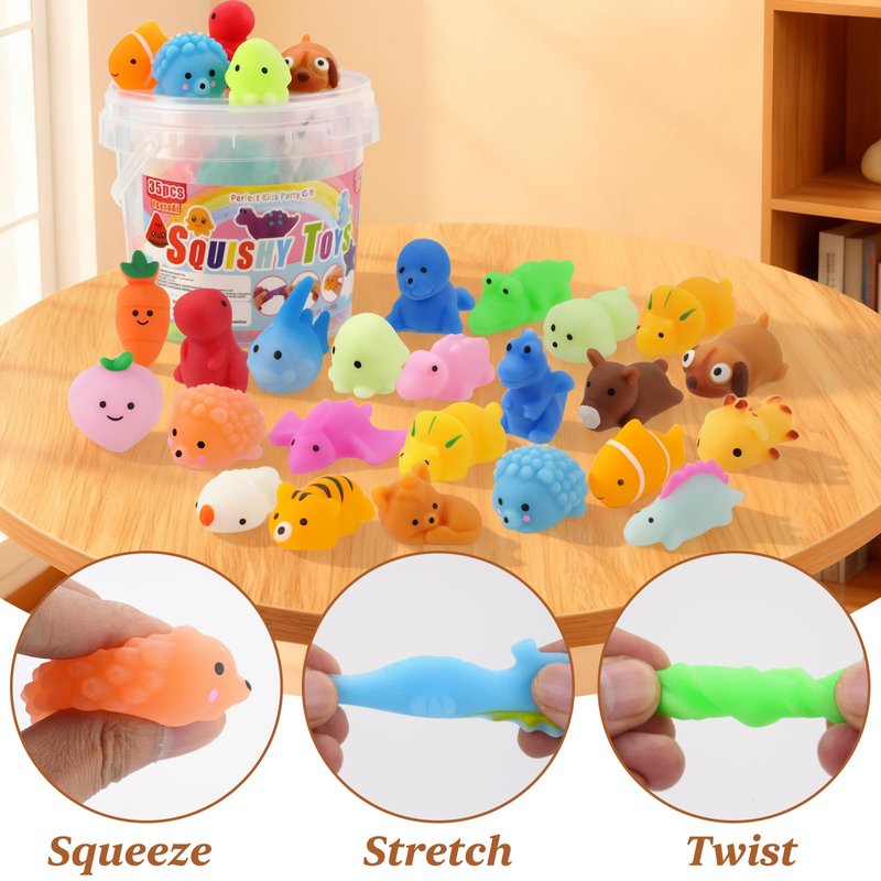 35pcs Mochi Squishy Toys, Mini Squishy Fidget Toys, Party Favors for Kids 4-8-12, Classroom Birthday Xmas Gifts Treasure Box Prizes Goodie Bag Stuffers, Carnival Prizes in Bulk